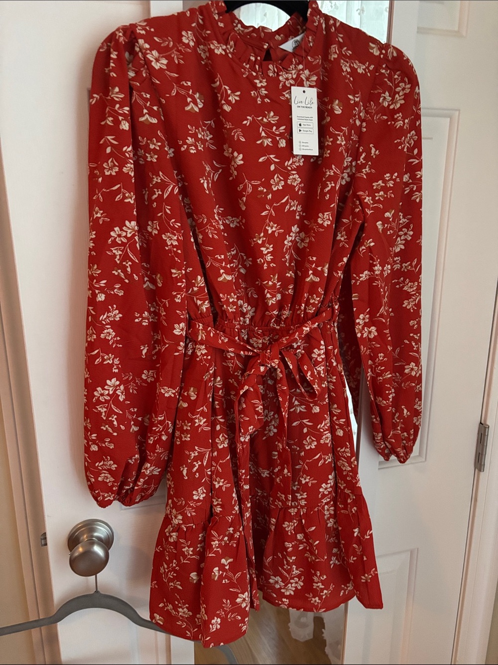 NWT Cupshe Red Floral Long Sleeve Ruffle Waist Dress